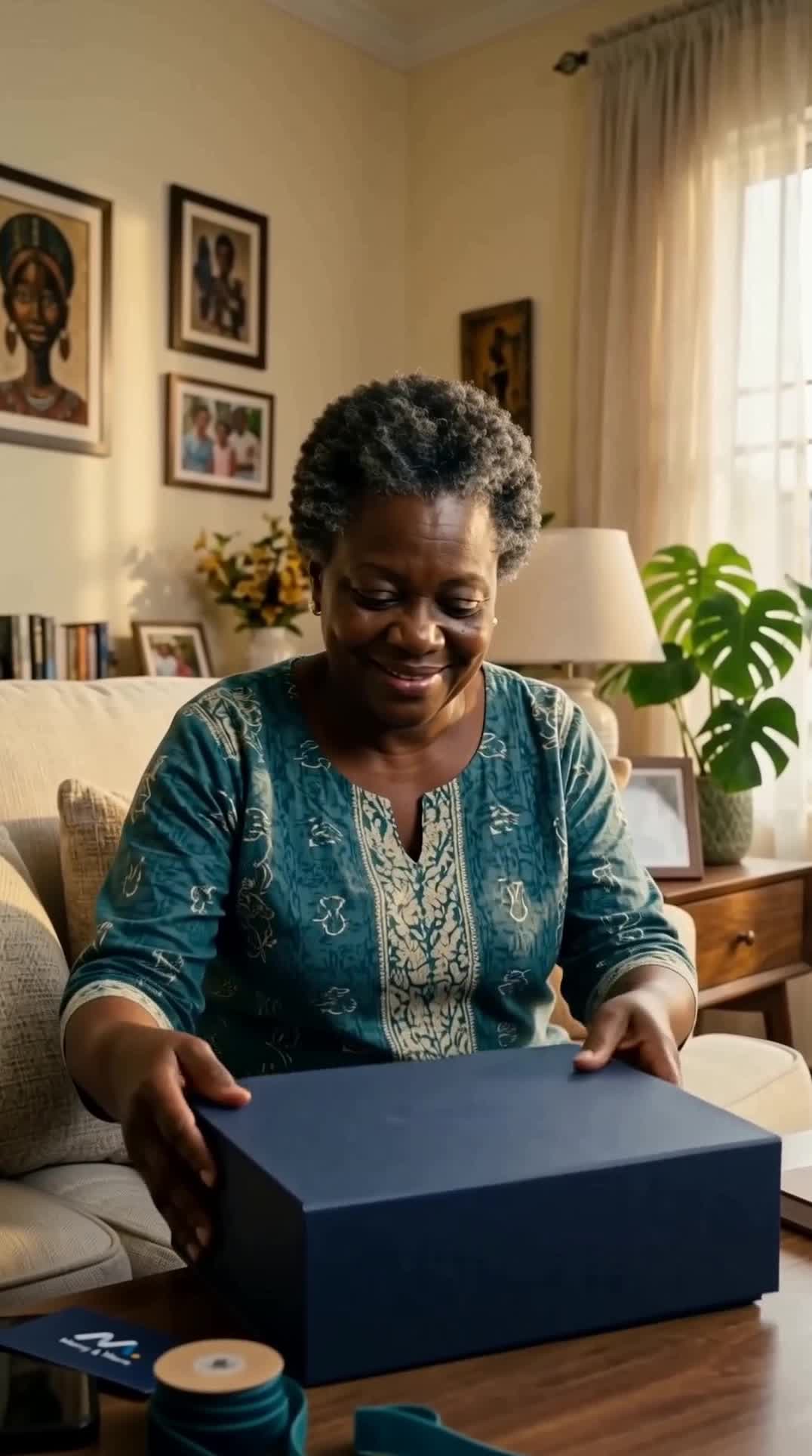 An imagined birthday surprise: a mother opening a navy gift box